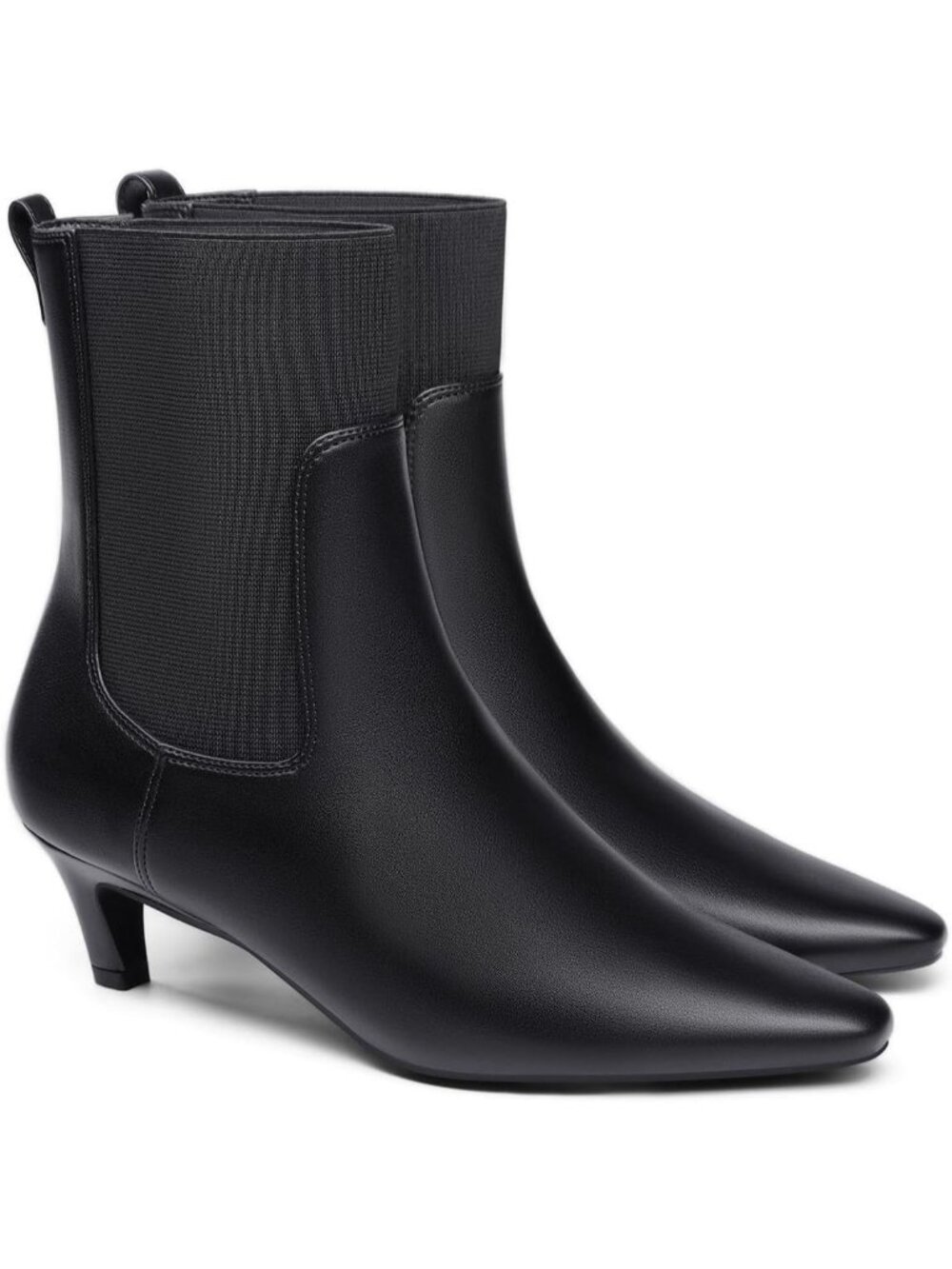 Women's Black Pu Ankle Boots Low Kitten Heel Pointed Toe Slip On Elastic Booties